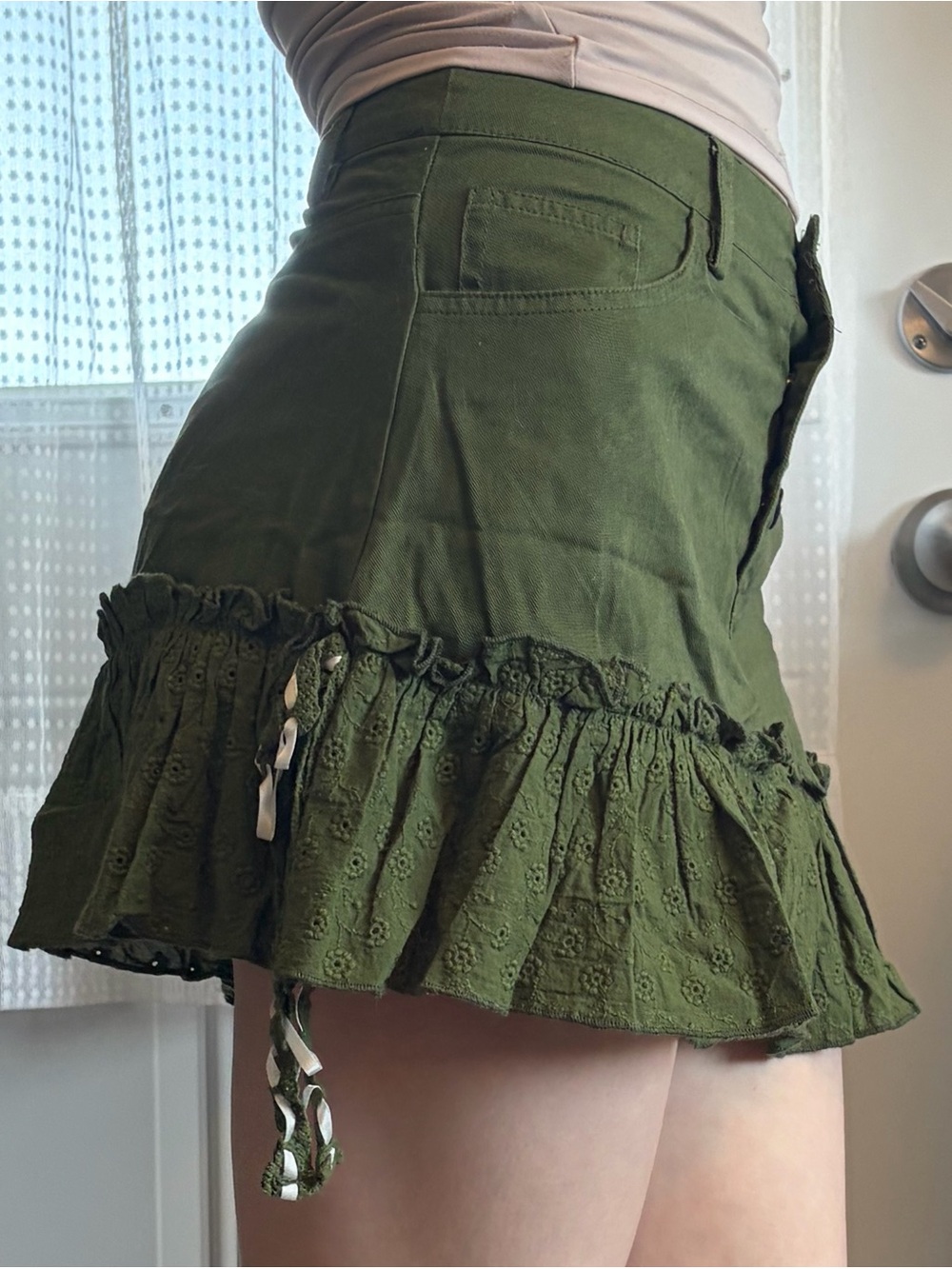 Olive Green Ruffle Mini Skirt - Picture 2 of 3